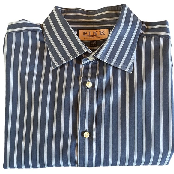 Thomas Pink 100% Cotton Dark Blue & White Striped Button Down. Size 17 1/2 - 37 - Picture 1 of 12